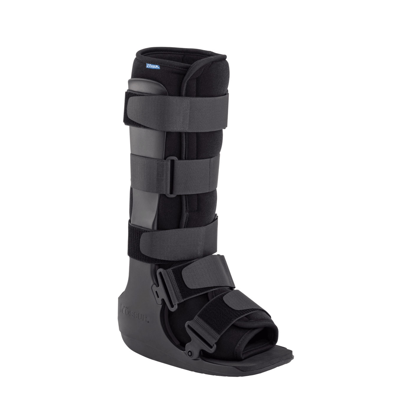 Black orthopedic boot with straps on a transparent background