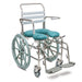 Juvo self-propelled shower commode with large rear wheels, blue padded open-front seat, and stainless steel frame