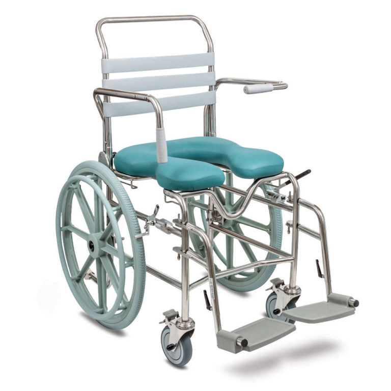 Juvo self-propelled shower commode with large rear wheels, blue padded open-front seat, and stainless steel frame