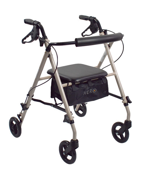 Champagne-colored Hero Medical ultra-light seat walker with a black padded seat, backrest, and under-seat storage bag