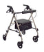 Champagne-colored Hero Medical ultra-light seat walker with a black padded seat, backrest, and under-seat storage bag