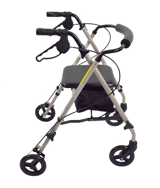 Champagne-colored Hero Medical ultra-light seat walker with a black padded seat, backrest, and under-seat storage bag
