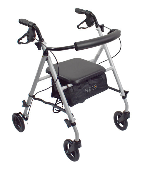 Hero Medical Ultra Light Seat Walker in silver with a black padded seat, ergonomic handles, and under-seat storage bag
