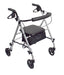 Hero Medical Ultra Light Seat Walker in silver with a black padded seat, ergonomic handles, and under-seat storage bag