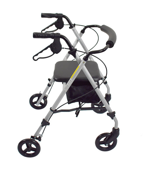 Hero Medical Ultra Light Seat Walker in silver with a black padded seat, ergonomic handles, and under-seat storage bag