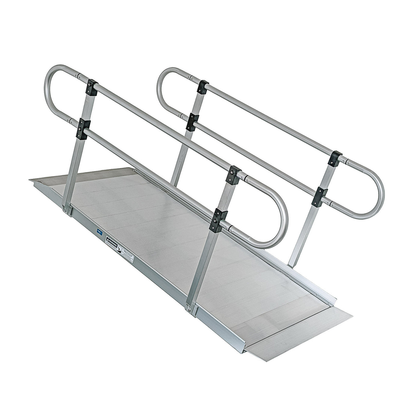 A 2.7 metre long aluminum access ramp with hand rails for wheelchair or walker use, featuring a textured surface for increased traction.