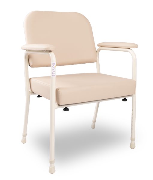 Champagne vinyl Royale Medical low-back utility chair with a white powder-coated steel frame and height-adjustable legs
