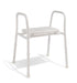White height-adjustable shower stool with side armrests and a perforated plastic seat.