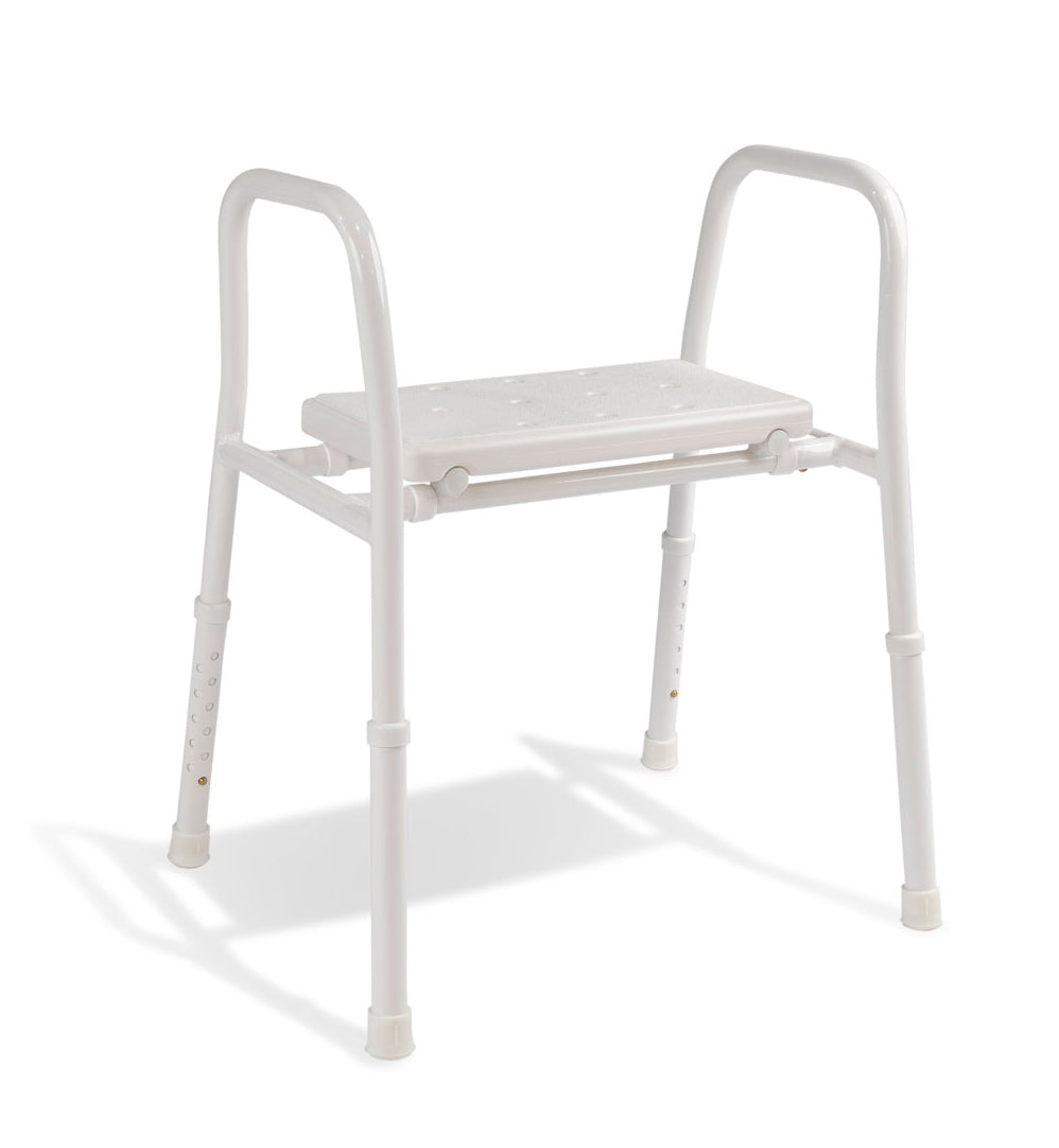 White height-adjustable shower stool with side armrests and a perforated plastic seat.