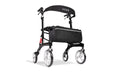 Hero Medical Outdoor Lite Walker in black with carbon fiber frame, red suspension springs, and a large front storage bag