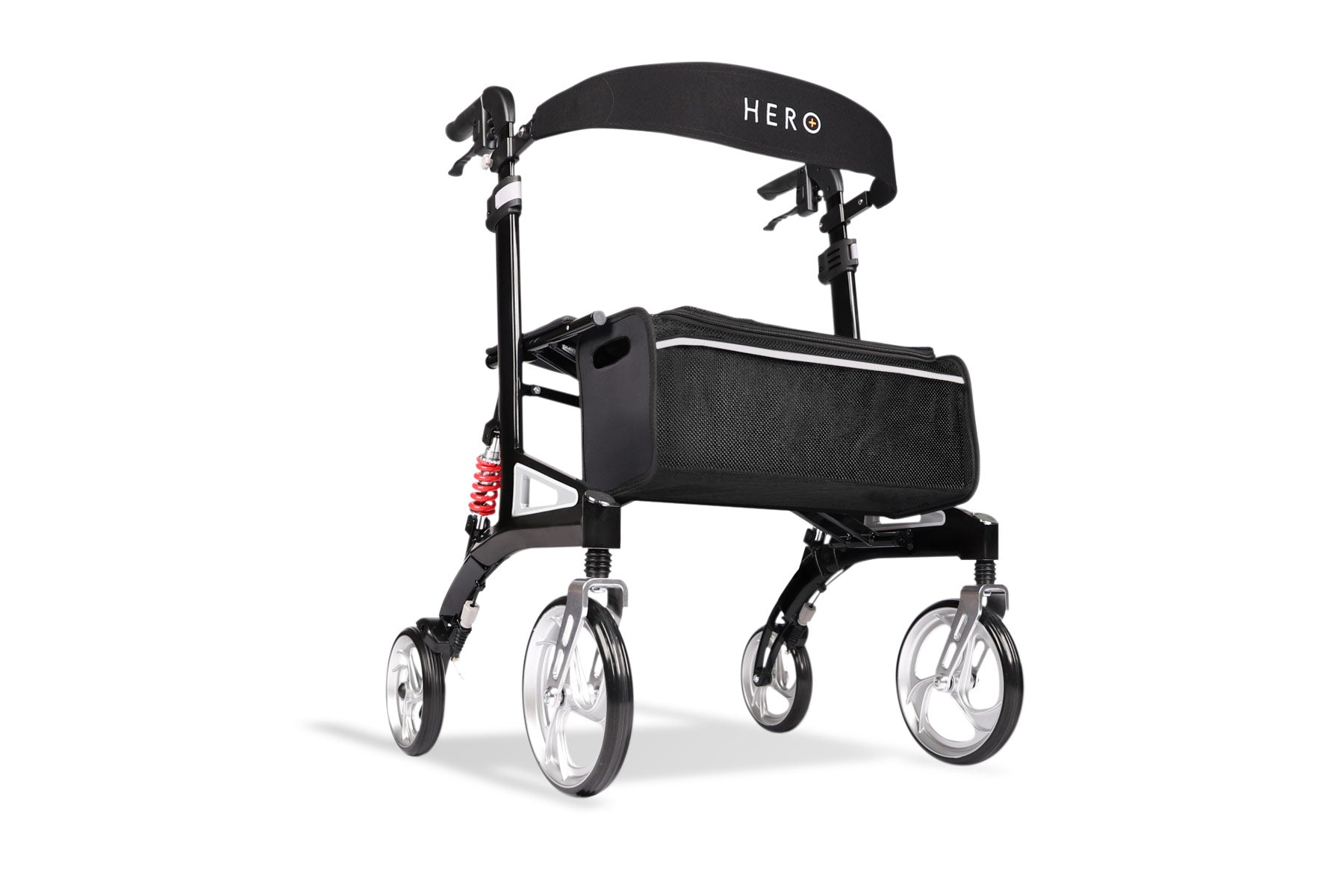 Hero Medical Outdoor Lite Walker in black with carbon fiber frame, red suspension springs, and a large front storage bag