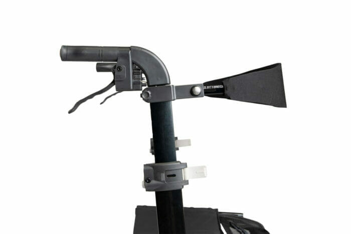 Close-up side view of a Hero Medical Outdoor Lite Walker's adjustable handle with ergonomic handbrake and backrest attachment