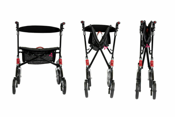 Three-stage folding sequence of a Hero Medical Outdoor Lite Walker showing it fully open, partially folded, and collapsed