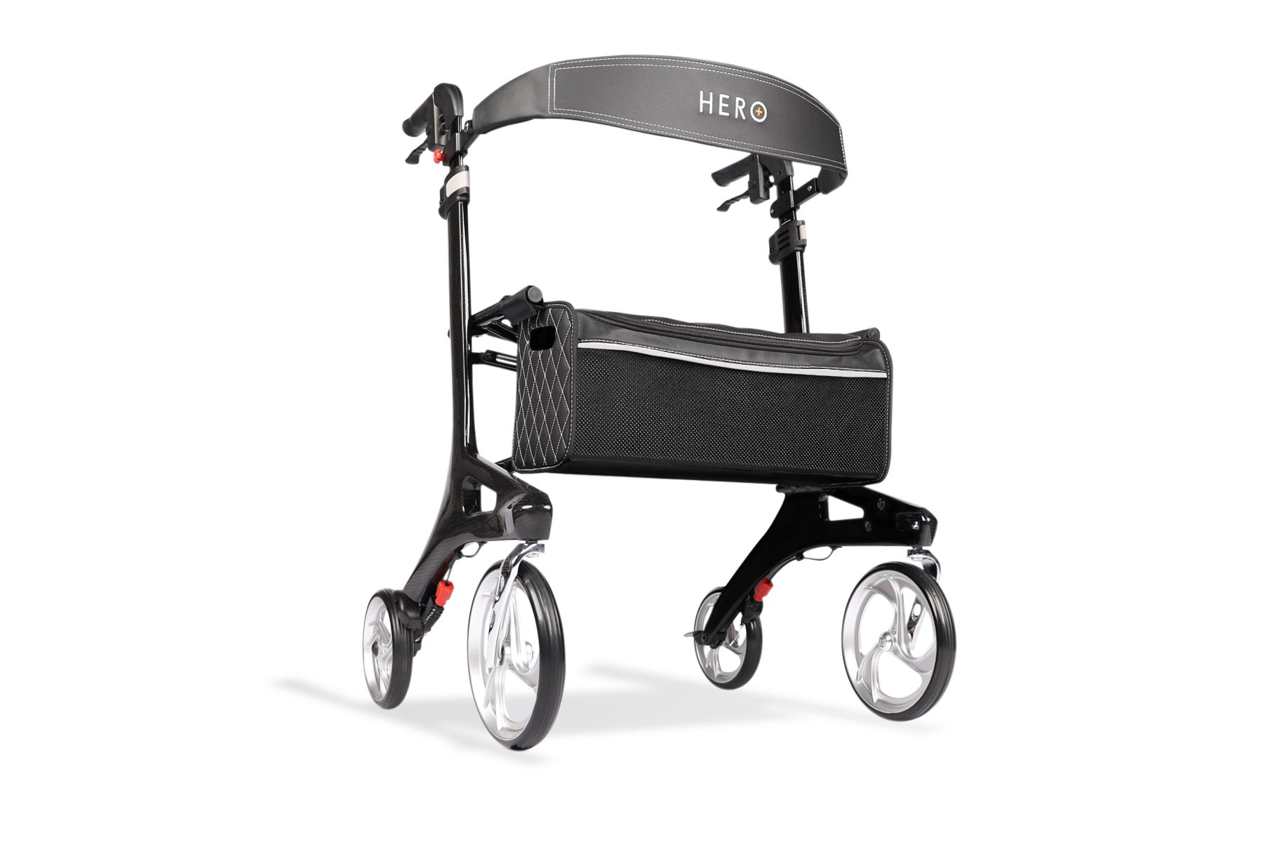Hero Medical Outdoor Carbon Fibre Lite Walker with a black lightweight frame, large 9.5-inch front castors, and a removable zippered storage bag