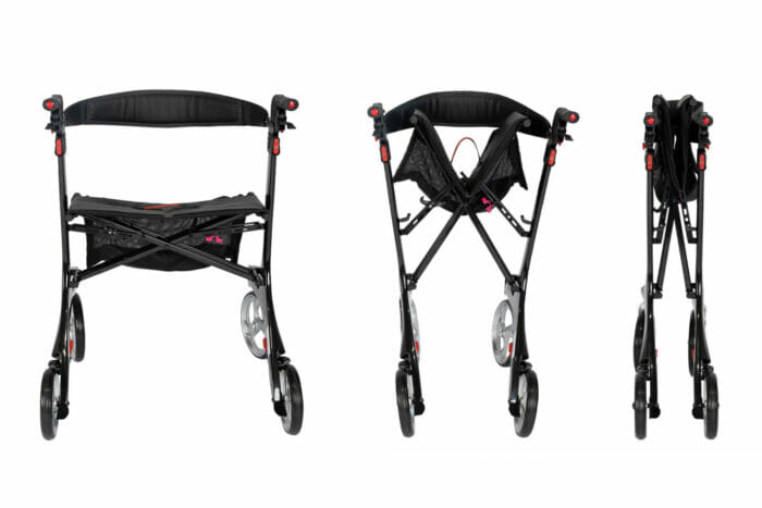 Three views of a Hero Medical Outdoor Lite Walker showing it fully open, partially folded, and completely collapsed for storage