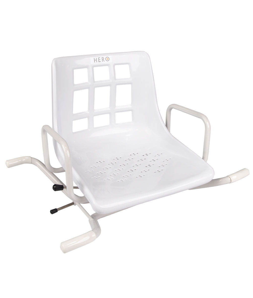 HERO brand swivel bathtub seat with a grid backrest, side handles, and base locking lever.