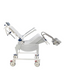 A white Aquatec Ocean Ergo VIP Transit shower commode chair with a light gray contoured seat, padded backrest, and headrest. The chair features swing-away armrests, height-adjustable footrests, and four locking swivel casters for easy transport.