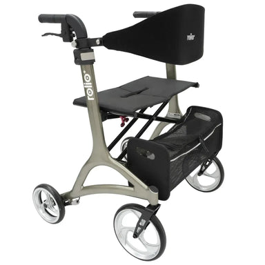 Metallic gray Rolio Plus four-wheel walker with a black mesh seat, backrest strap, and a front storage bag.