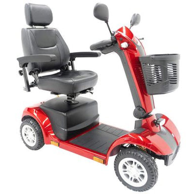 Red Gazelle four-wheel mobility scooter with a high-back headrest, rearview mirrors, and a front storage basket.
