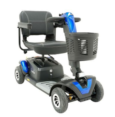 Blue Impala four-wheel mobility scooter with a front basket, padded seat, and adjustable armrests.